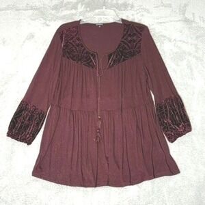 Hannah Top women's L Burgundy Velvet Trim Tiered Tunic Blouse Lagenlook Boho